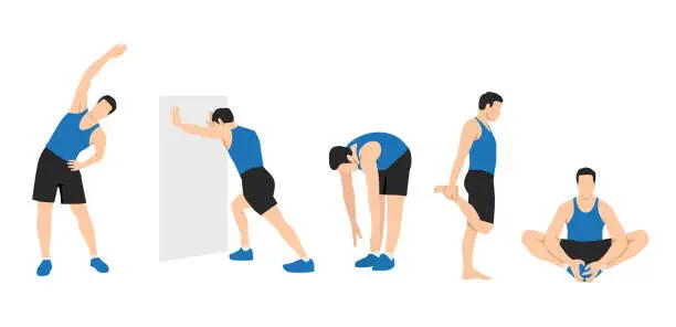 Vector illustration of Workout man set. Man doing fitness exercises. Warm up before gym. Full body workout. Warming up, stretching