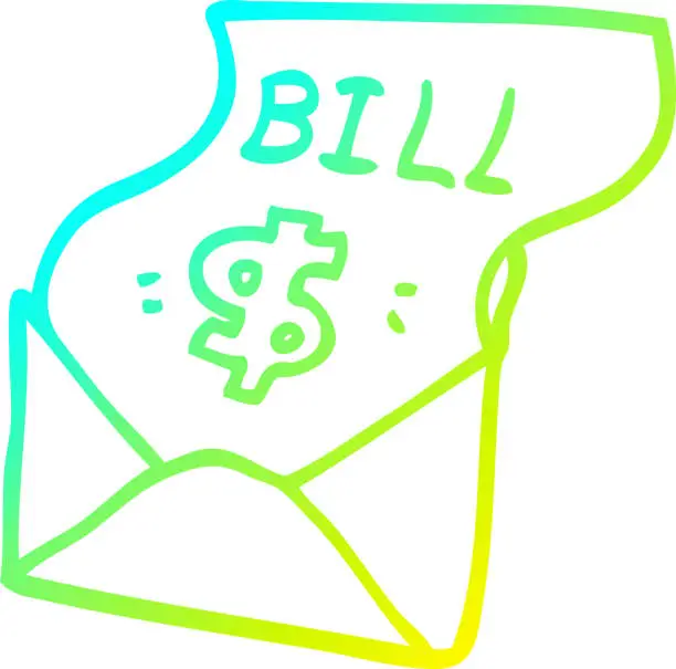 Vector illustration of cold gradient line drawing of a cartoon bill in envelope