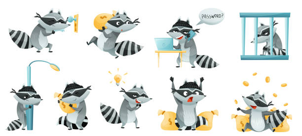 Raccoon Burglar with Striped Tail Wearing Mask Stealing and Hacking Vector Set Raccoon Burglar with Striped Tail Wearing Mask Stealing and Hacking Vector Set. Furry Mammal Thief Engaged in Robbery and Theft cartoon burglar stock illustrations