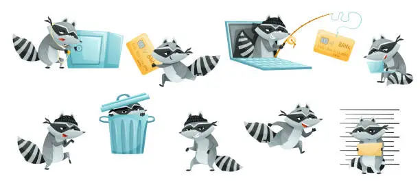 Vector illustration of Raccoon Burglar with Striped Tail Wearing Mask Stealing and Hacking Vector Set