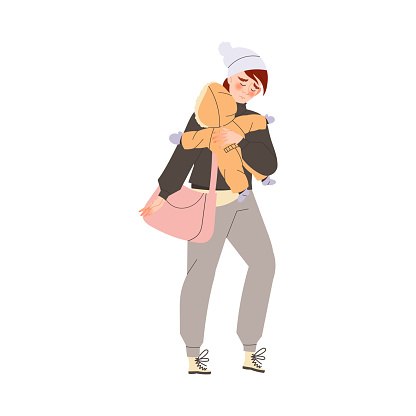 Young Woman Refugee with Baby and Handbag Leaving Homeland Fleeing from War Conflict Seeking Asylum Vector Illustration. Displaced Female Immigrant Escaping from Crisis