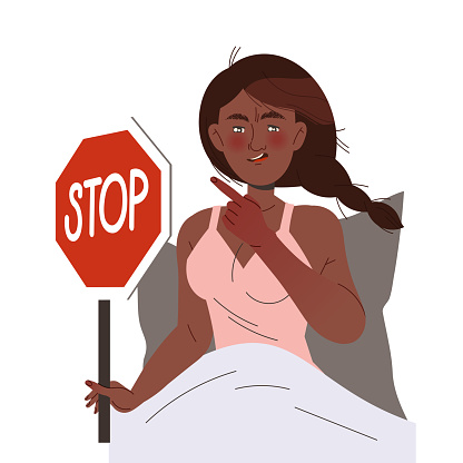 Angry Frowning Woman in Bed with Stop Sign Post Having Relationship Problem Vector Illustration