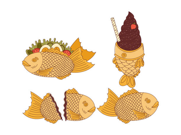 tradycyjny japoński zestaw spożywczy. azjatyckie naklejki taiyaki. lody w kształcie ryby, kanapka. niezgodność wektorów - snack street food chocolate waffle stock illustrations