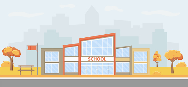 Illustration of an urban autumn landscape with a modern school building.