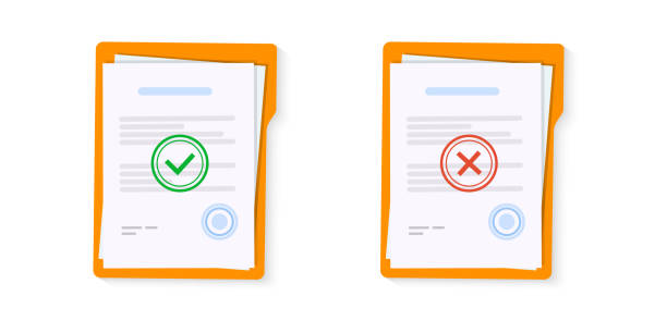 illustrazioni stock, clip art, cartoni animati e icone di tendenza di documento approvato e respinto. appunti con documento, timbro rosso rifiutato e verde approvato. illustrazione vettoriale piatta - documenti