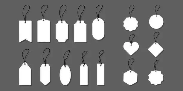 Vector illustration of Blank white paper price tags. Gift tags in different shapes. Set of labels with cord. Blank labels template. Promotional sale badge. Vector illustration