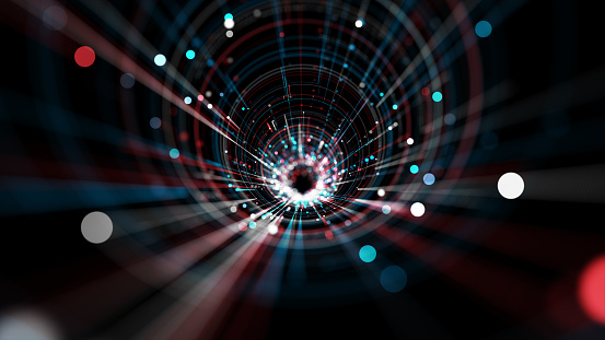 Neon Light line, Tunnel particle cycle shape with line and dots connect, Tunnel digital abstract background, 3d rendering