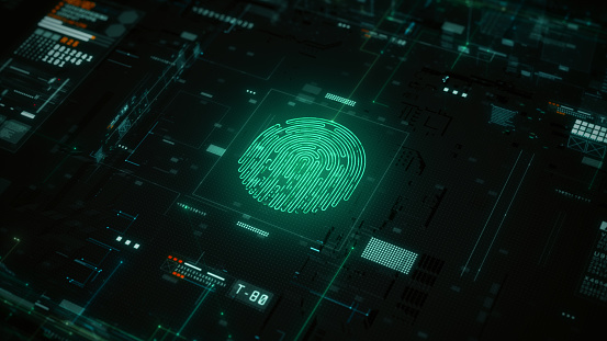 Fingerprint scanning for secure access, Cybersecurity technology data network, Global network internet connection security concept, futuristic abstract background, 3d rendering