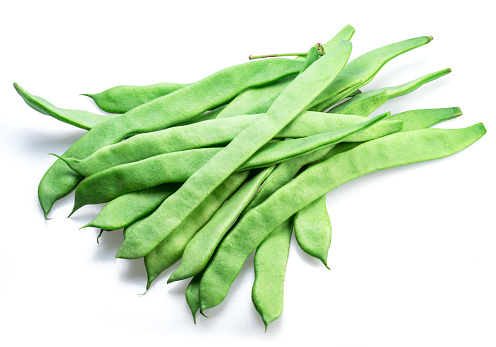 French green beans isolated on white background. Green beans are rich in protein, dietary fibres, and minerals but low in calories.