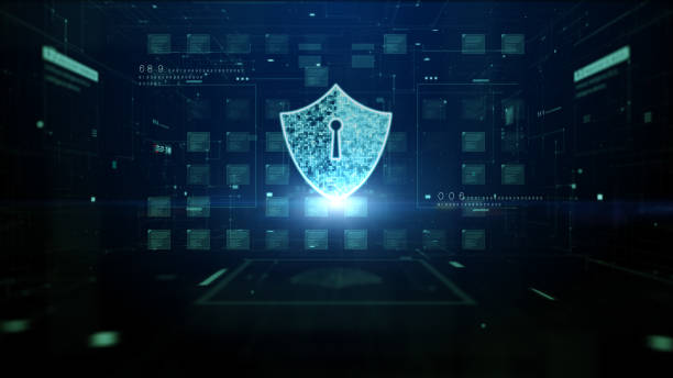 blue shield icon cybersécurité, protection du réseau de données numériques, technologie future matrice de connexion réseau de données numériques concept d’arrière-plan abstrait, rendu 3d - carte mémoire photos et images de collection