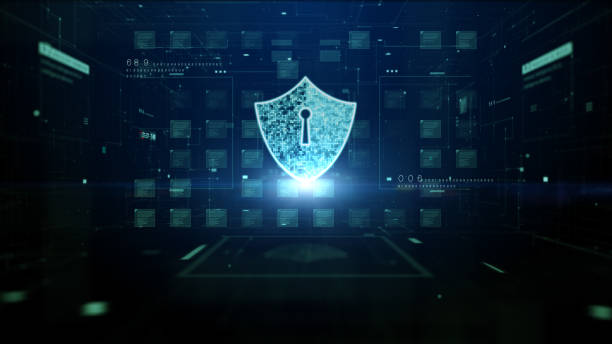 blue shield icon cyber security, digital data network protection, future technology digital data network connection matrix abstract background concept, 3d rendering - memory card imagens e fotografias de stock