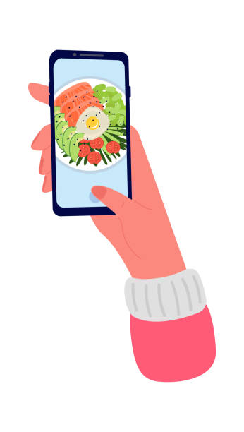 istock Taking photo flat icon Breakfast picture on smartphone Food blog 1457858649