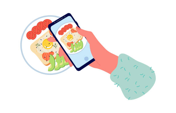 istock Taking photo flat icon Breakfast picture on smartphone Food blog 1457858749