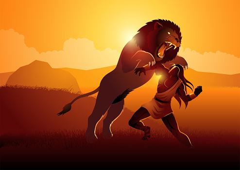 Biblical vector illustration series, Samson Fighting The Lion
