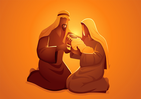 Biblical vector illustration series, nativity scene of The Holy Family, Mary and Joseph with baby Jesus, Christmas theme
