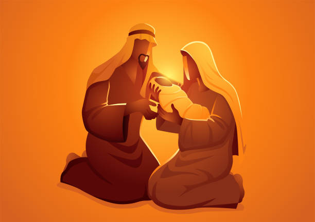 Mary and Joseph with baby Jesus Biblical vector illustration series, nativity scene of The Holy Family, Mary and Joseph with baby Jesus, Christmas theme jesus christ birth stock illustrations