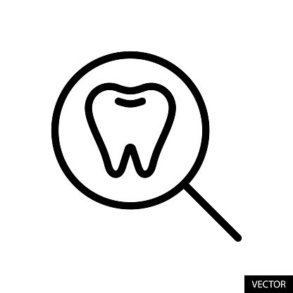 Tooth with magnifying glass, dental check up concept vector icon in line style design for website, app, UI, isolated on white background. Editable stroke. EPS 10 vector illustration.