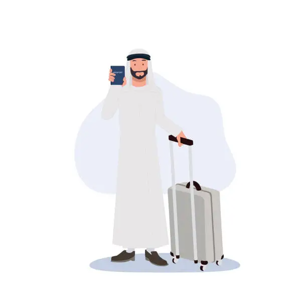 Vector illustration of travel concept, At the airport,immigration.  Arab man with luggage on airport is showing his passport. Flat vector illustration