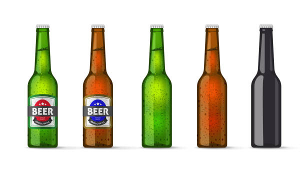 Beer bottle glass 3d set vector green brown black mockup graphic isolated illustration, blank cold lemonade or alcohol drink mock up, lager and ipa package sticker label clip art image Beer bottle glass 3d set vector green brown black mockup graphic isolated illustration, blank cold lemonade or alcohol drink mock up, lager and ipa package sticker label clip art wet bottle stock illustrations