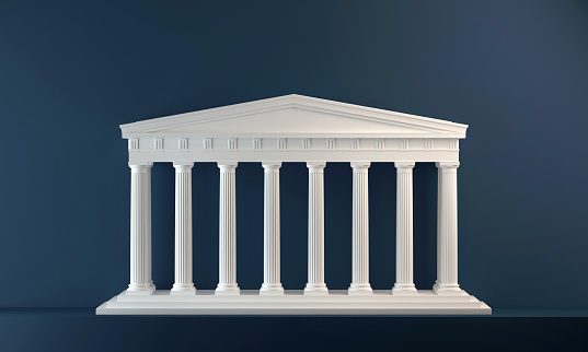 Abstract white classical building, with columns, frieze and pediment, on a dark blue background. Digitally generated image.