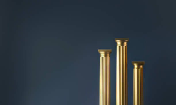 Three classical style golden columns arranged as a podium on a dark blue background