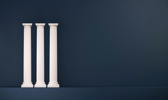 Classical architecture white columns aligned on a dark blue background. Three elements, with pedestal, stylobate, shaft, capital and abacus. Copy space on right side. Digitally generated image.