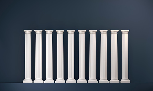 Classical architecture white columns aligned on a dark blue background. Ten elements, with pedestal, stylobate, shaft, capital and abacus. Digitally generated image.
