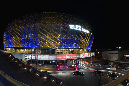 Long exposure shot of Tele 2 Arena at night in Stockholm, Sweden