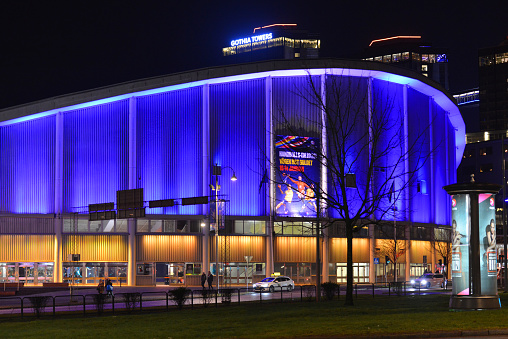 Longexposure shot of Scandinavium indoor arena at night in Gothenburg, Sweden