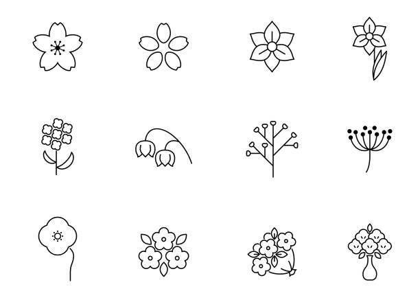 zestaw ikon rysowania wiosennej linii kwiatów - konwalia stock illustrations