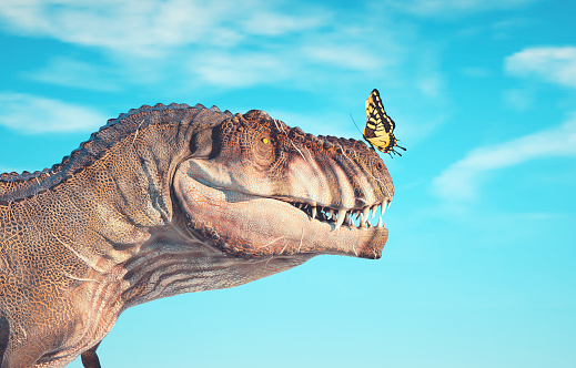 Butterfly on a dinosaur. This is a 3d render illustration