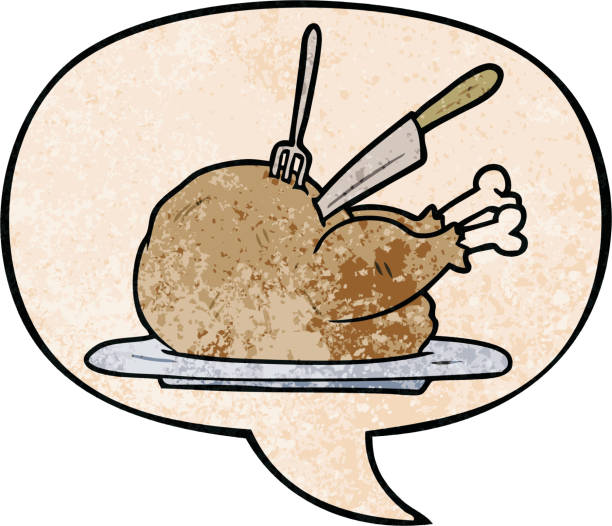 Ilustración de Pavo Cocinado De Dibujos Animados Tallado Con Burbuja De Diálogo En Estilo De Textura Retro y más Vectores Libres de Derechos de Alimentos cocinados - iStock Ilustración de Pavo Cocinado De Dibujos Animados Tallado Con Burbuja De Diálogo En Estilo De Textura Retro y más Vectores Libres de Derechos de Alimentos cocinados - iStock