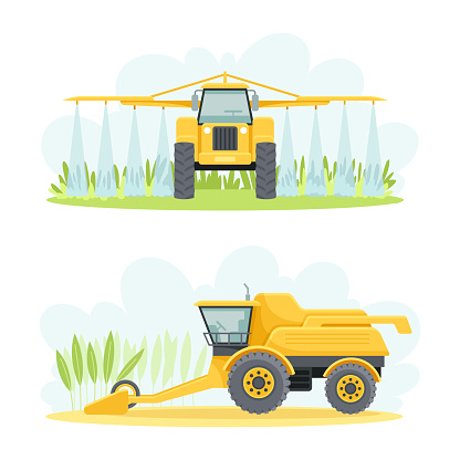 Agricultural Farming Machinery with Sprayer and Combine Harvester Vector Set. Rural Equipment and Machine for Agronomy