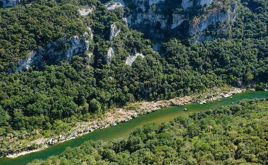 Green water of Ardeche River, Provence, France. View from the observation deck.