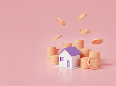 Coins stack and home on pink pastel background. Business loans for real estate concept. residential finance economy. home property investment. Saving money, working capital. 3D rendering illustration