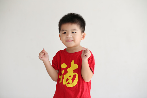 Portrait of a cheerful Asian boy (The Chinese word on t-shirt translates 'Fu' meaning prosperity)