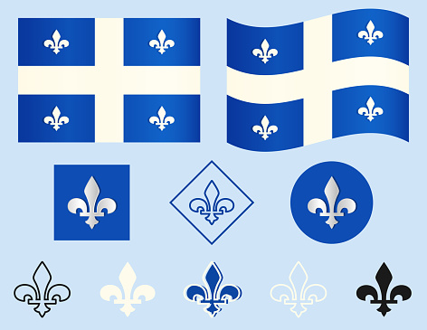 Flag of Quebec, Canada Fleur-de-lis symbol of French Bourbon Dynasty Flags and icons collection Different types Silver, black, white, outline decorative design element Vector illustration Isolated