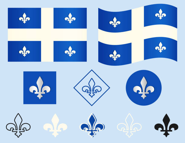 Flag of Quebec, Canada Fleur-de-lis symbol Flag of Quebec, Canada Fleur-de-lis symbol of French Bourbon Dynasty Flags and icons collection Different types Silver, black, white, outline decorative design element Vector illustration Isolated new orleans fleur de lis stock illustrations
