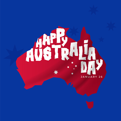Happy Australia day lettering. Map of Australia on background with stars. Vector stock  illustration