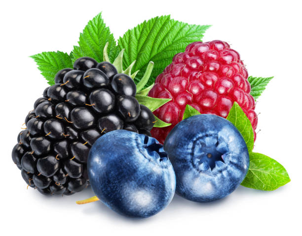 istock Blackberry, raspberry and blueberries with green leaves. Filet contains clipping path. 1457882880