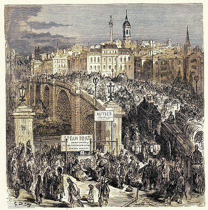 Vintage engraving showing a scene from 19th Century London England. The new London Bridge that replaced the medieval version, full of Londoners.