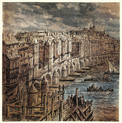 Vintage engraving showing a scene from 17th Century London England. The Old Medieval London Bridge covered in housing and shops.