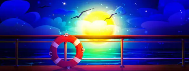 Vector illustration of Travel and vacation concept in cartoon style. Sea summer night landscape. The deck of a ship with a buoy in the sea under the light of the full moon.