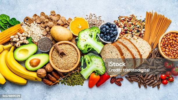 Group Of Food With High Content Of Dietary Fiber Arranged Side By Side Stock Photo - Download Image Now