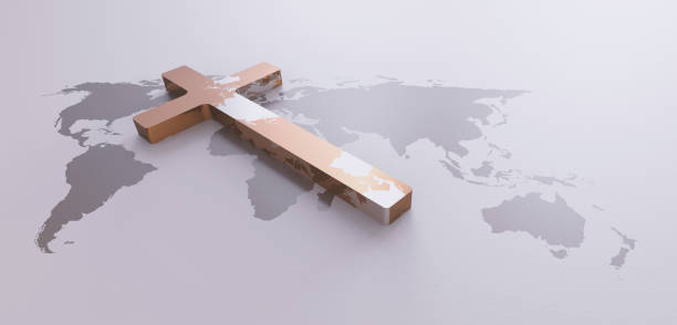 Jesus cross, gospel, mission and world map background The holy cross of Jesus Christ, world map, global missions and evangelism mission stock pictures, royalty-free photos & images