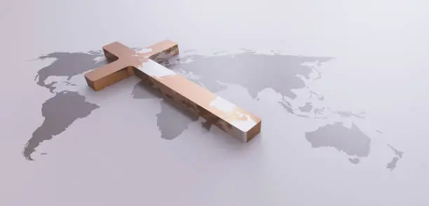 Photo of Jesus cross, gospel, mission and world map background
