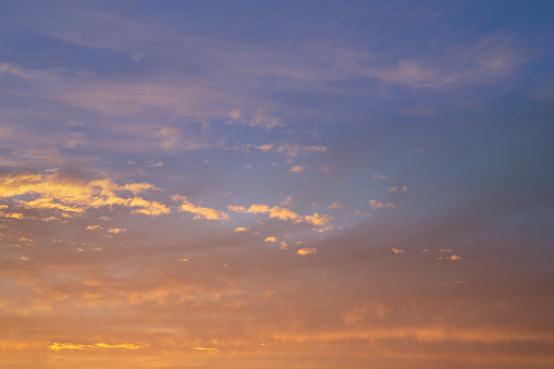 Sunset sky with blue and golden orange colors at dusk background