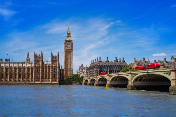 London Big Ben tower, Westminster bridge over Thames river England UK