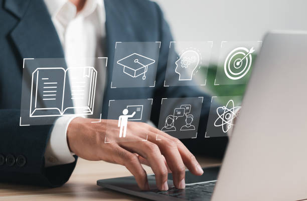 istock Education on internet, e-learning concept. Person who attends online lessons on a digital screen. Education internet Technology. 1457897950