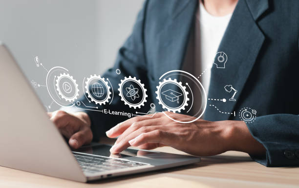 istock Education on internet, e-learning concept. Person who attends online lessons on a digital screen. Education internet Technology. 1457898047